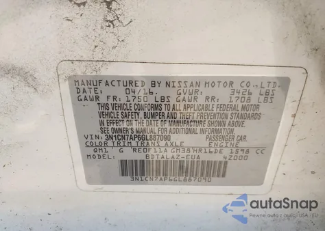 2016 Nissan Versa 1.6 S+ from USA, damaged, VIN 3N1CN7AP6GL887090